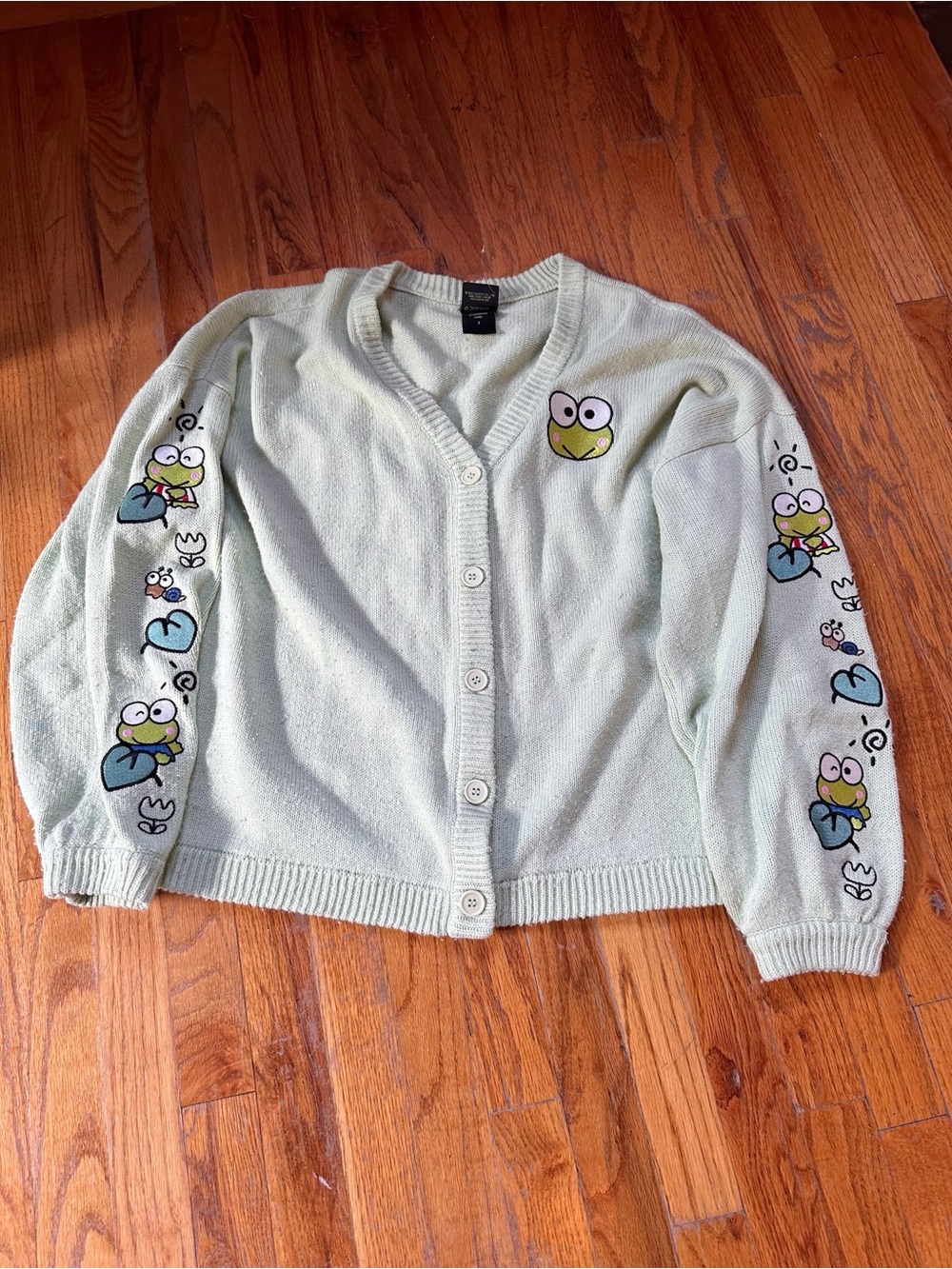 Keroppi Embriodered Button-Front Cardigan Sweater - Light Green